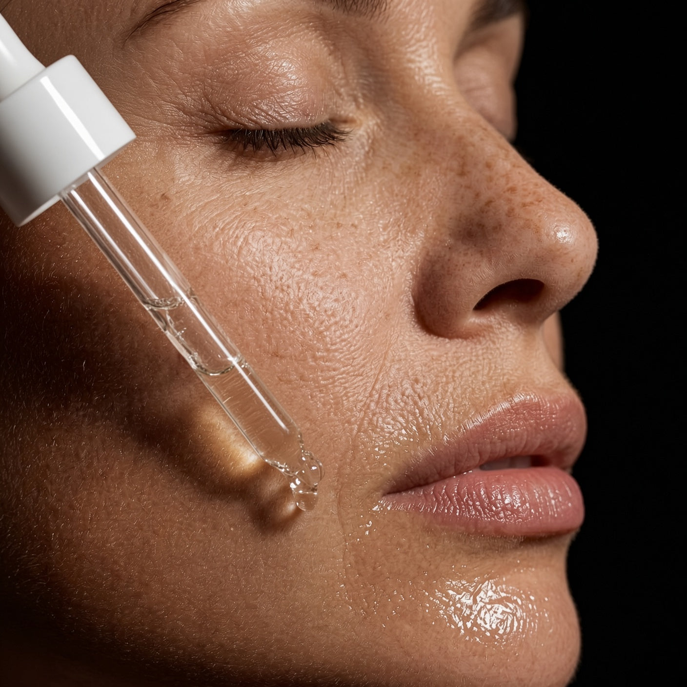 Woman applying LastPluck Root Mute Oil after facial hair removal