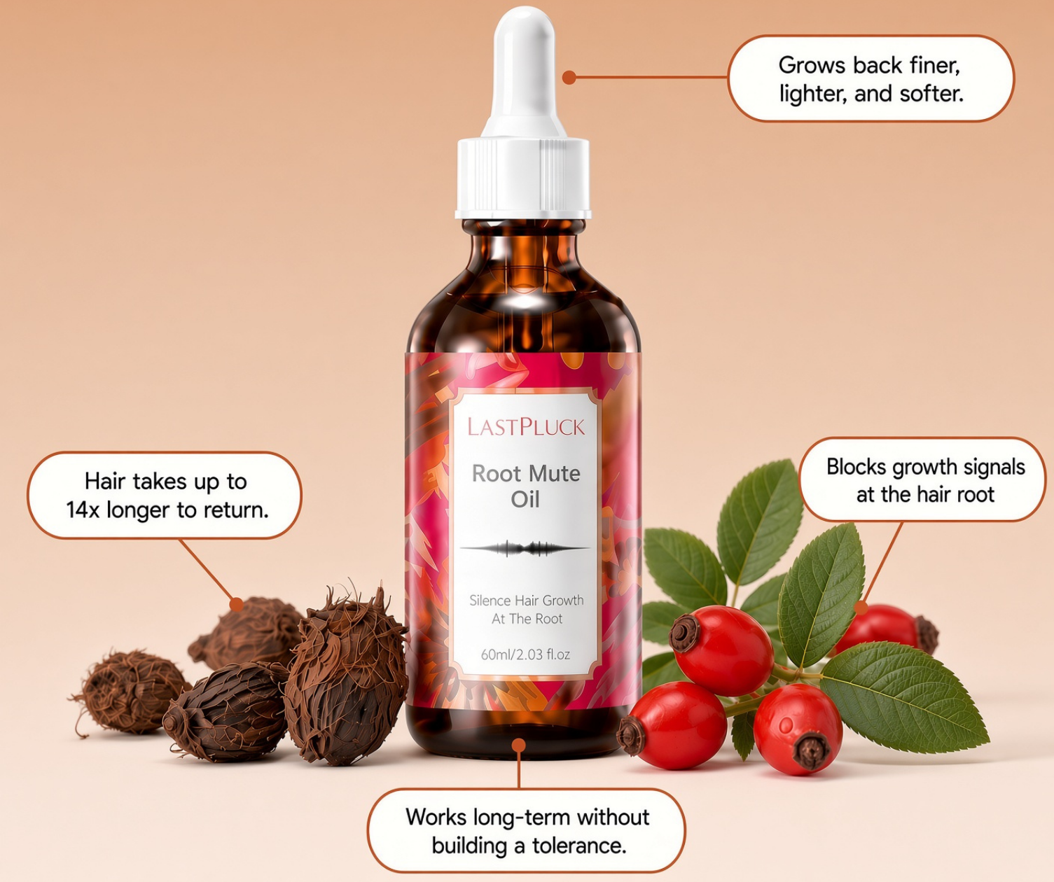 LastPluck Root Mute Oil shields hair roots from male signals that cause thick, dark regrowth